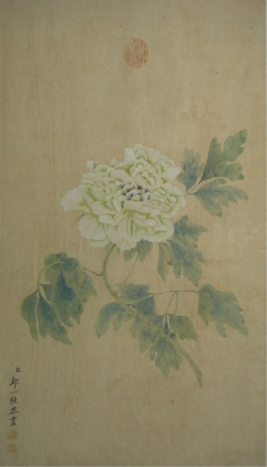This Chinese hanging scroll, painted with watercolor on paper by Yen Ee Guay (元用) dates to the 18th or 19th century. Illustrating white chrysanthemum with green leaves, it is inscribed and signed with one artist seal and marked with the red seal of Qianlong. It is expected to fetch over $8,000. Image courtesy of 888 Auctions.
